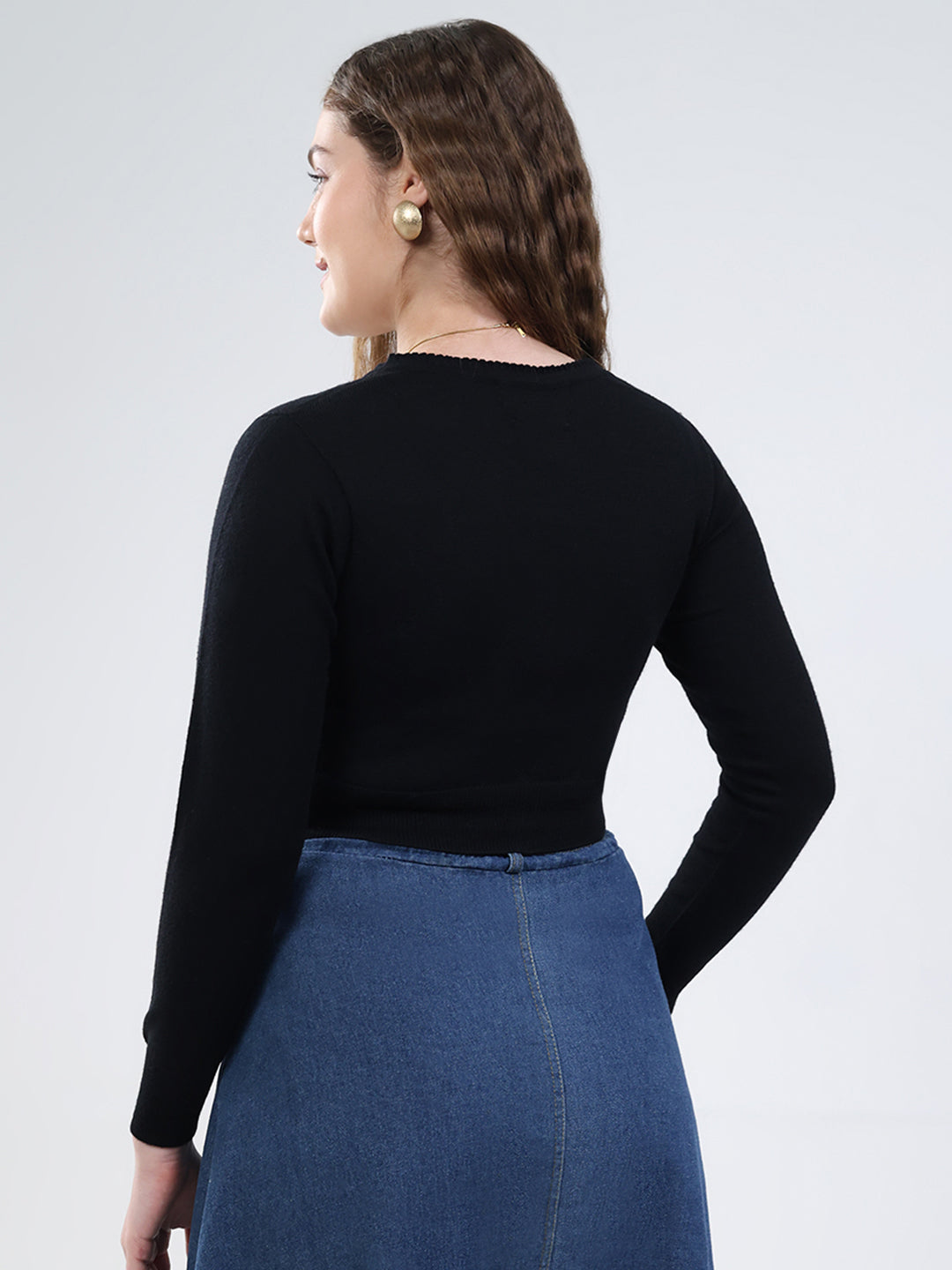 Women Navy Blue Solid V Neck Full Sleeve Cardigan