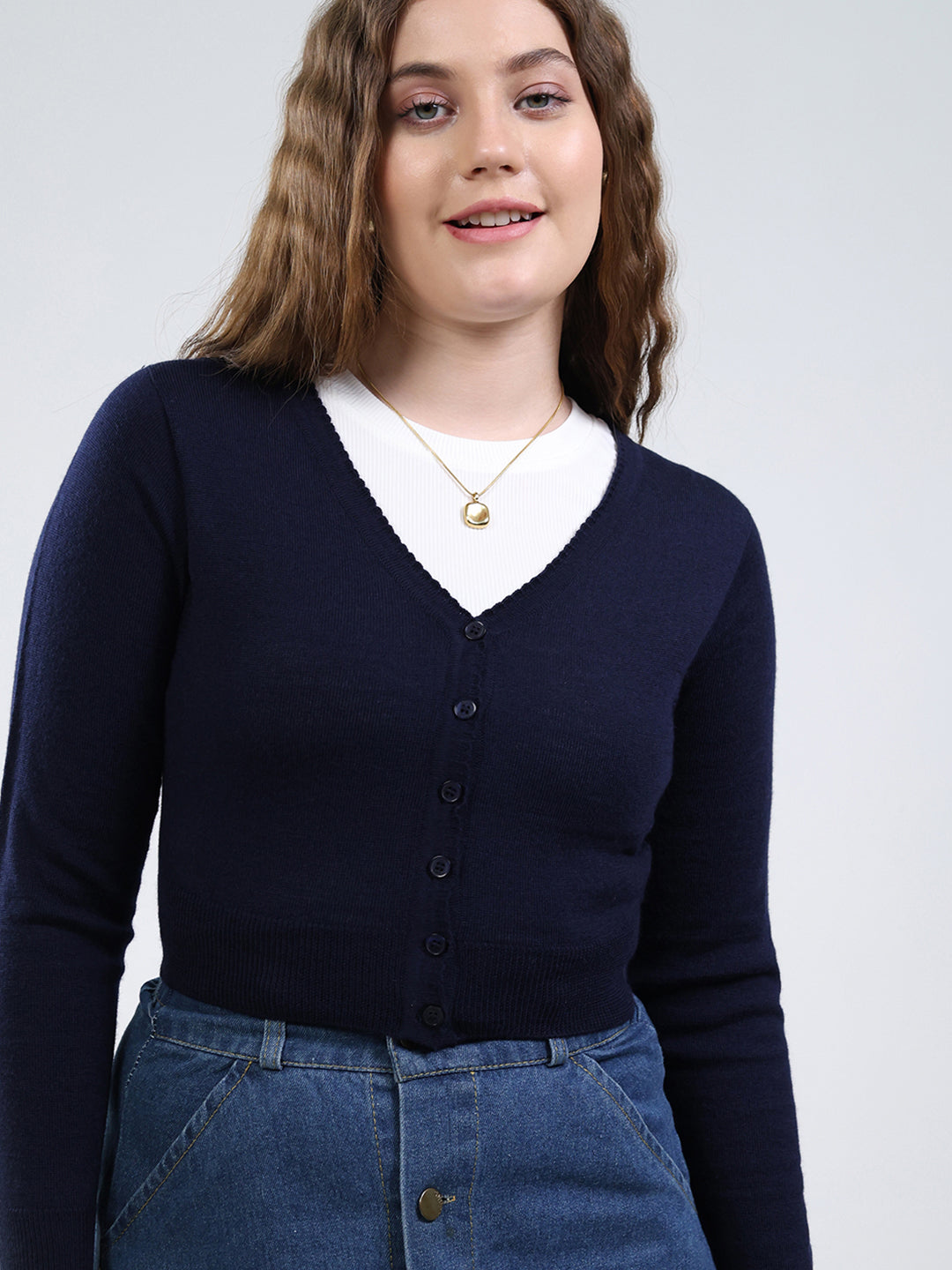 Women Navy Blue Solid V Neck Full Sleeve Cardigan