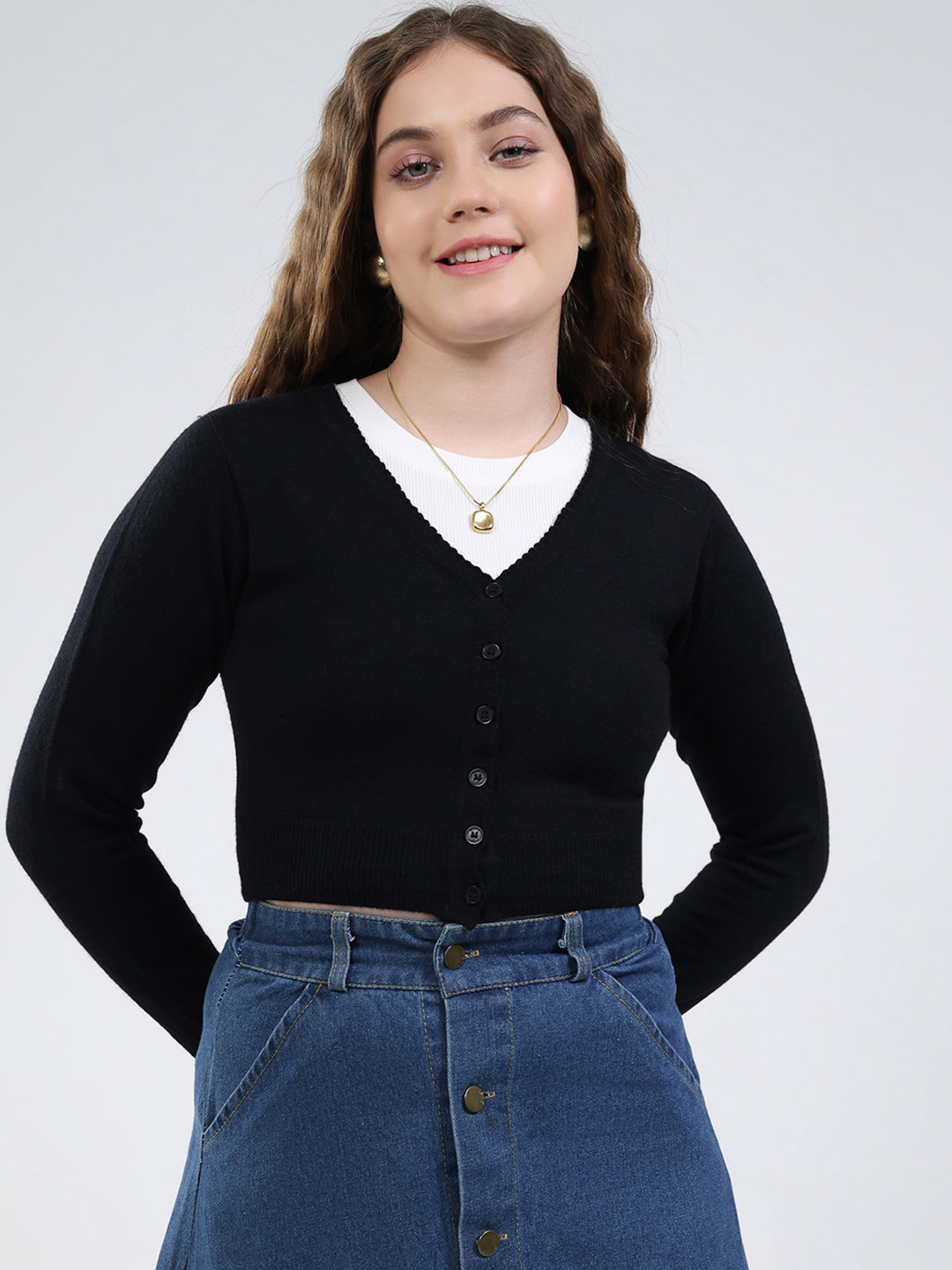 Women Black Solid V Neck Full Sleeve Cardigan