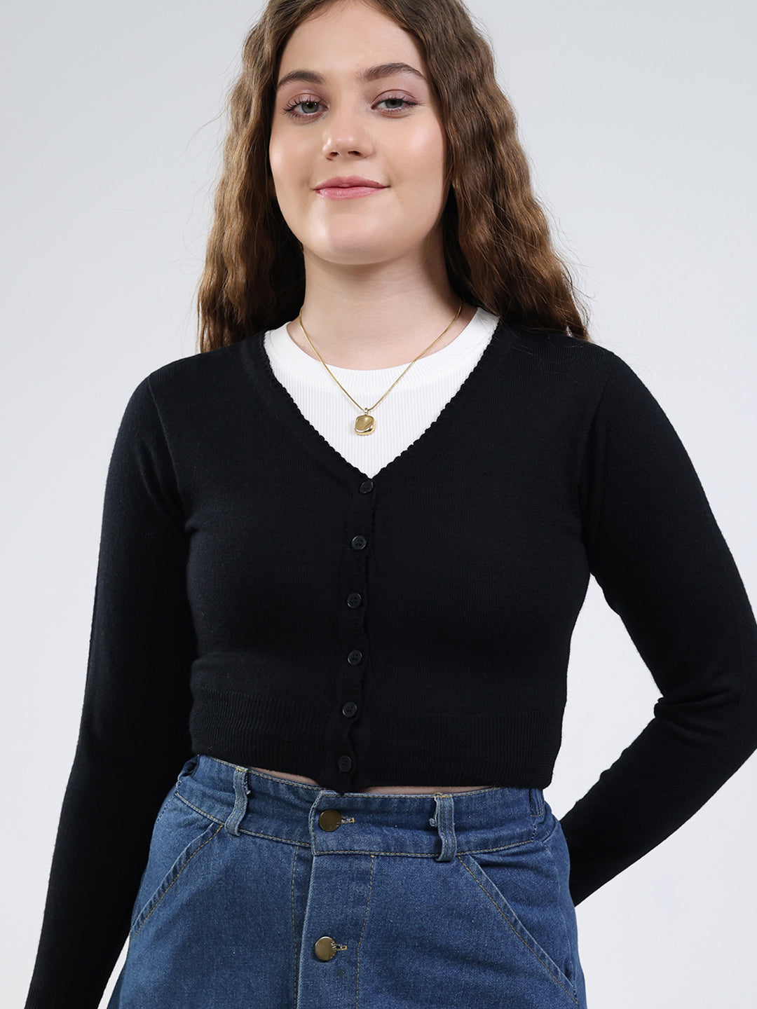 Women Black Solid V Neck Full Sleeve Cardigan