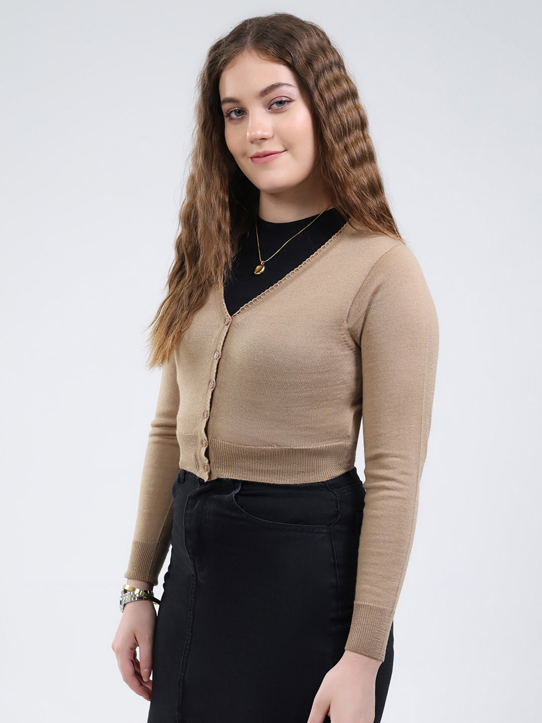 Women Brown Solid V Neck Full Sleeve Cardigan