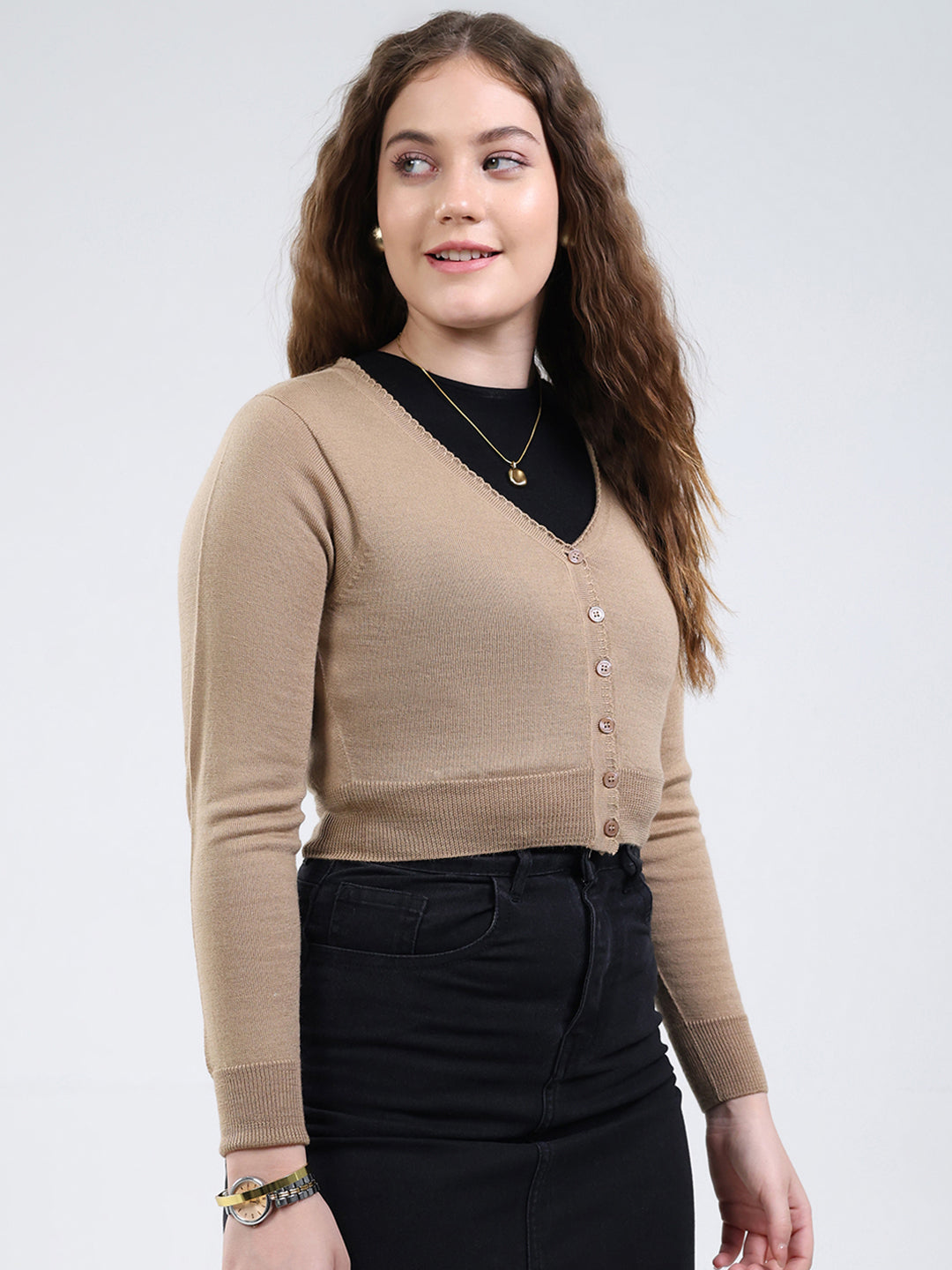 Women Brown Solid V Neck Full Sleeve Cardigan