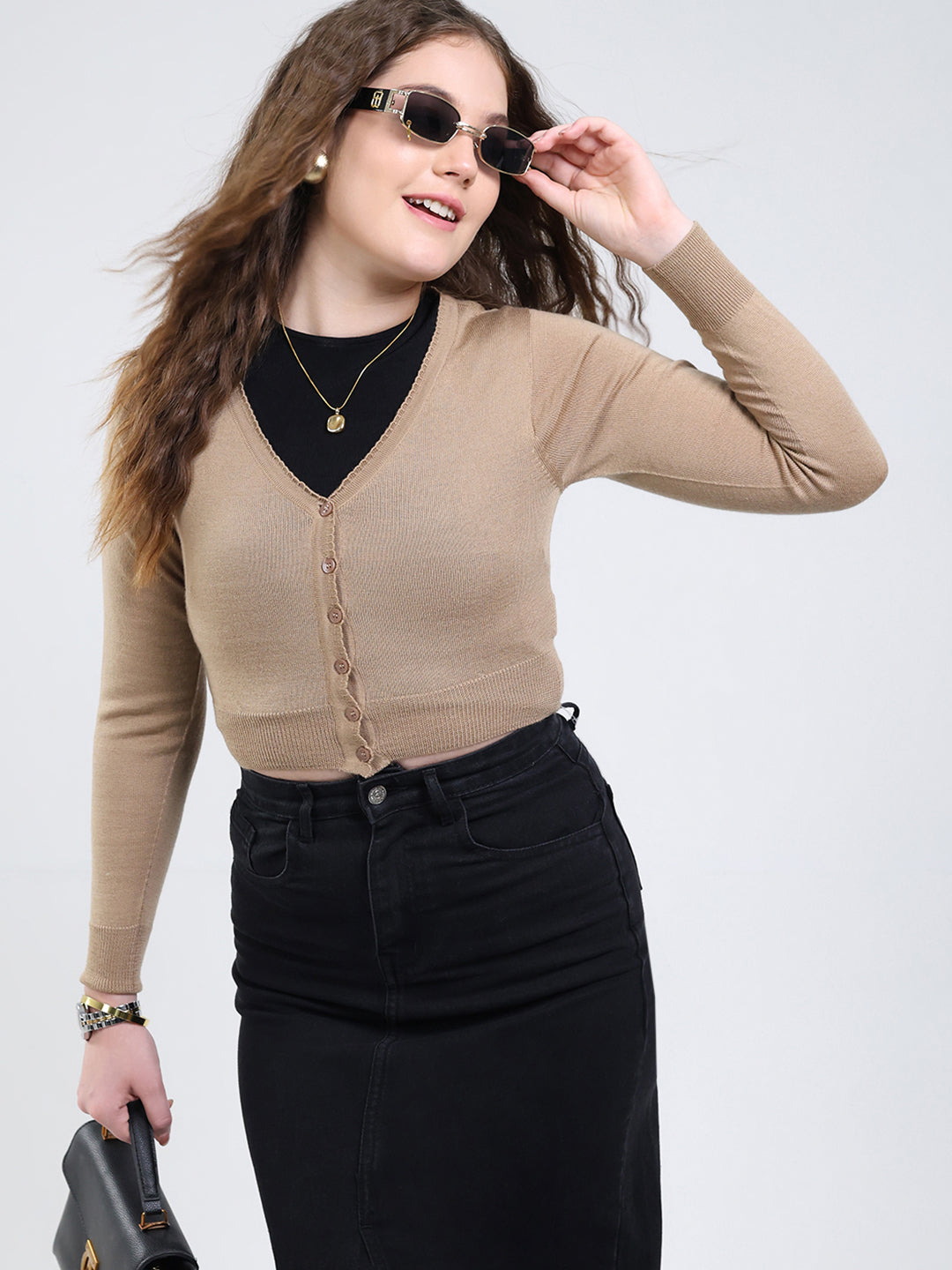 Women Brown Solid V Neck Full Sleeve Cardigan