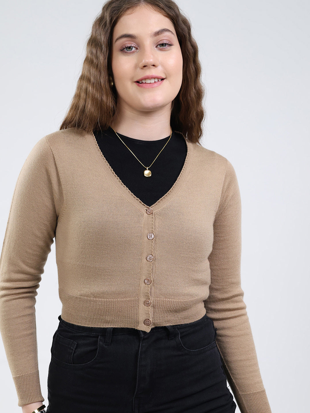 Women Brown Solid V Neck Full Sleeve Cardigan