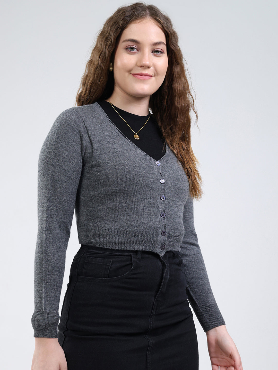 Women Grey Solid V Neck Full Sleeve Cardigan