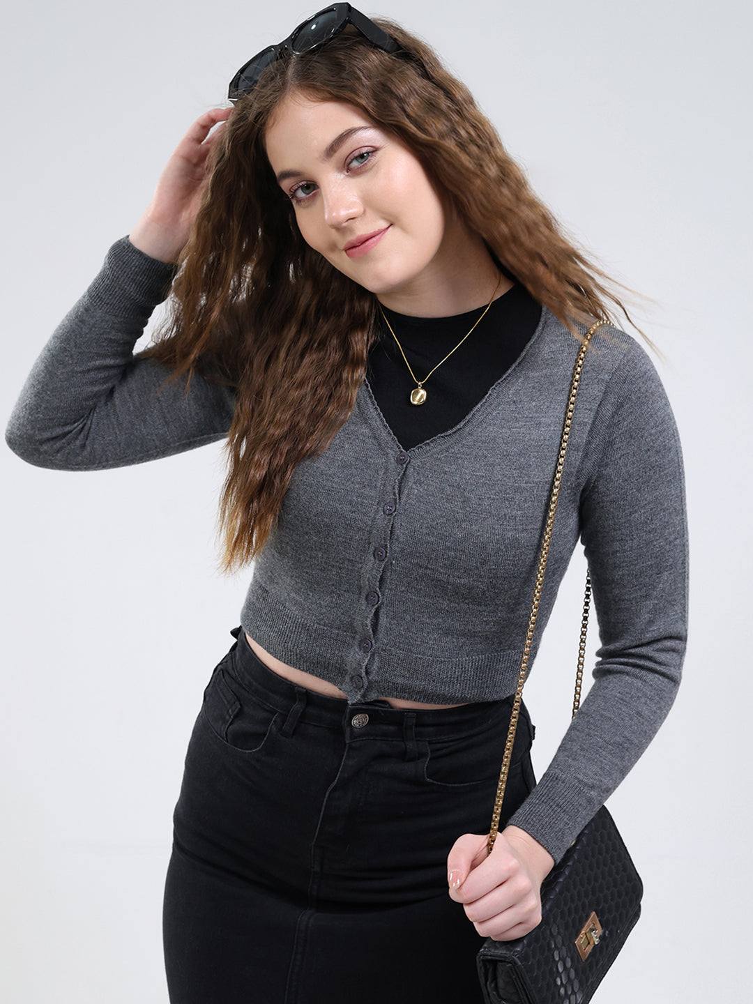 Women Grey Solid V Neck Full Sleeve Cardigan