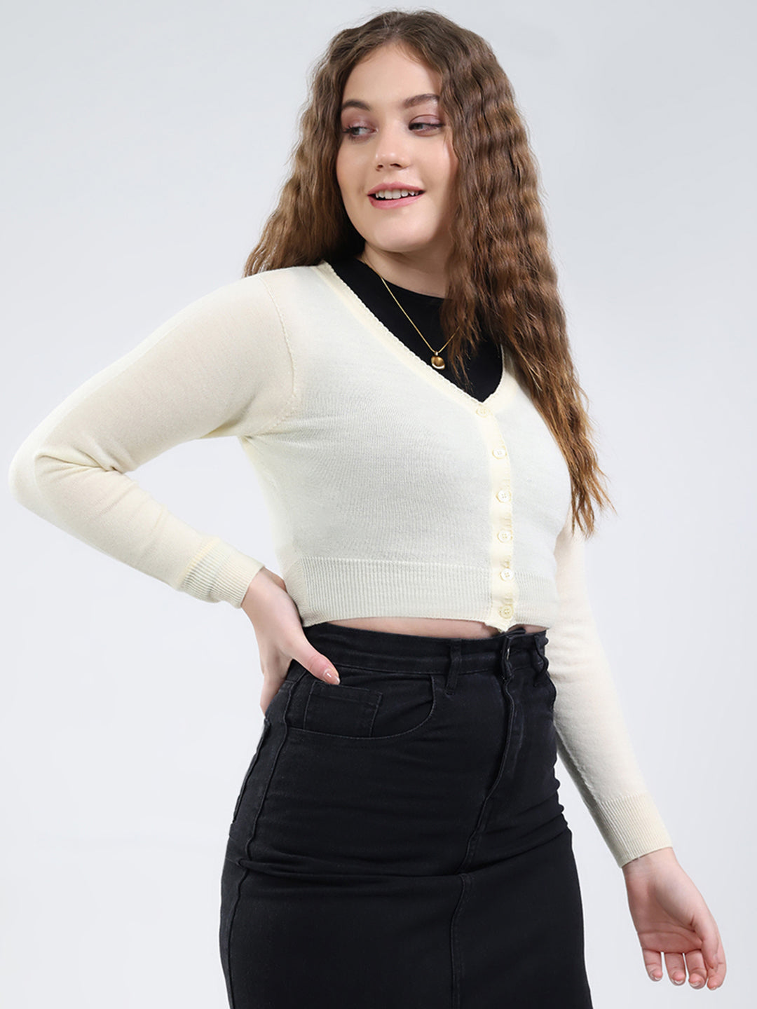 Women White Solid V Neck Full Sleeve Cardigan