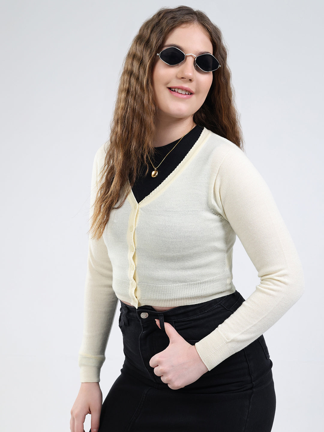 Women White Solid V Neck Full Sleeve Cardigan