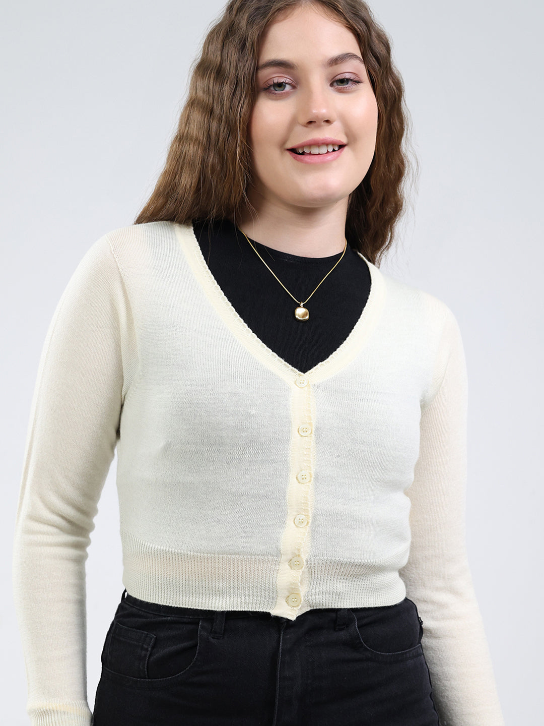 Women White Solid V Neck Full Sleeve Cardigan