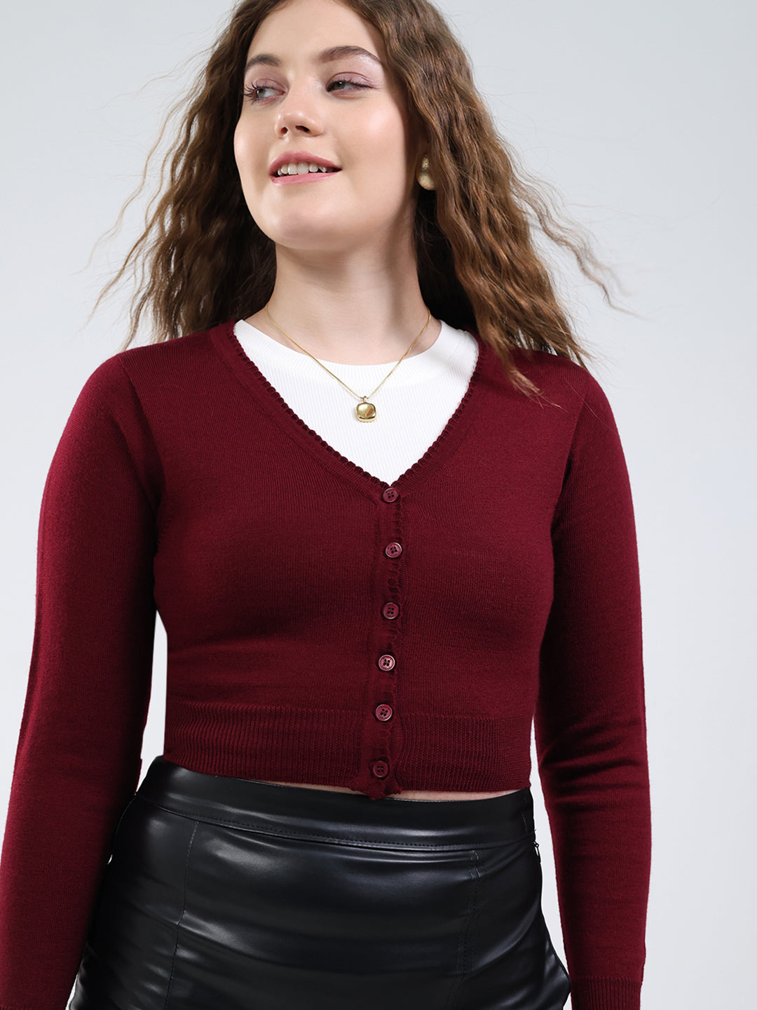 Women Maroon Solid V Neck Full Sleeve Cardigan