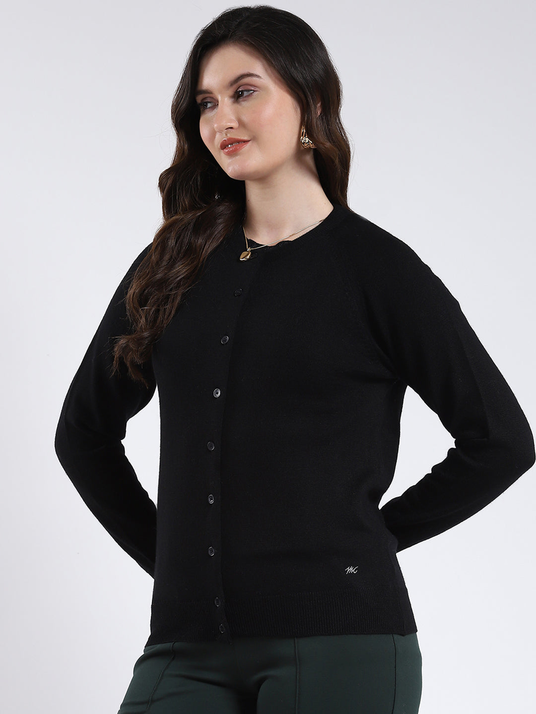 Women Black Solid Round Neck Full Sleeve Cardigan