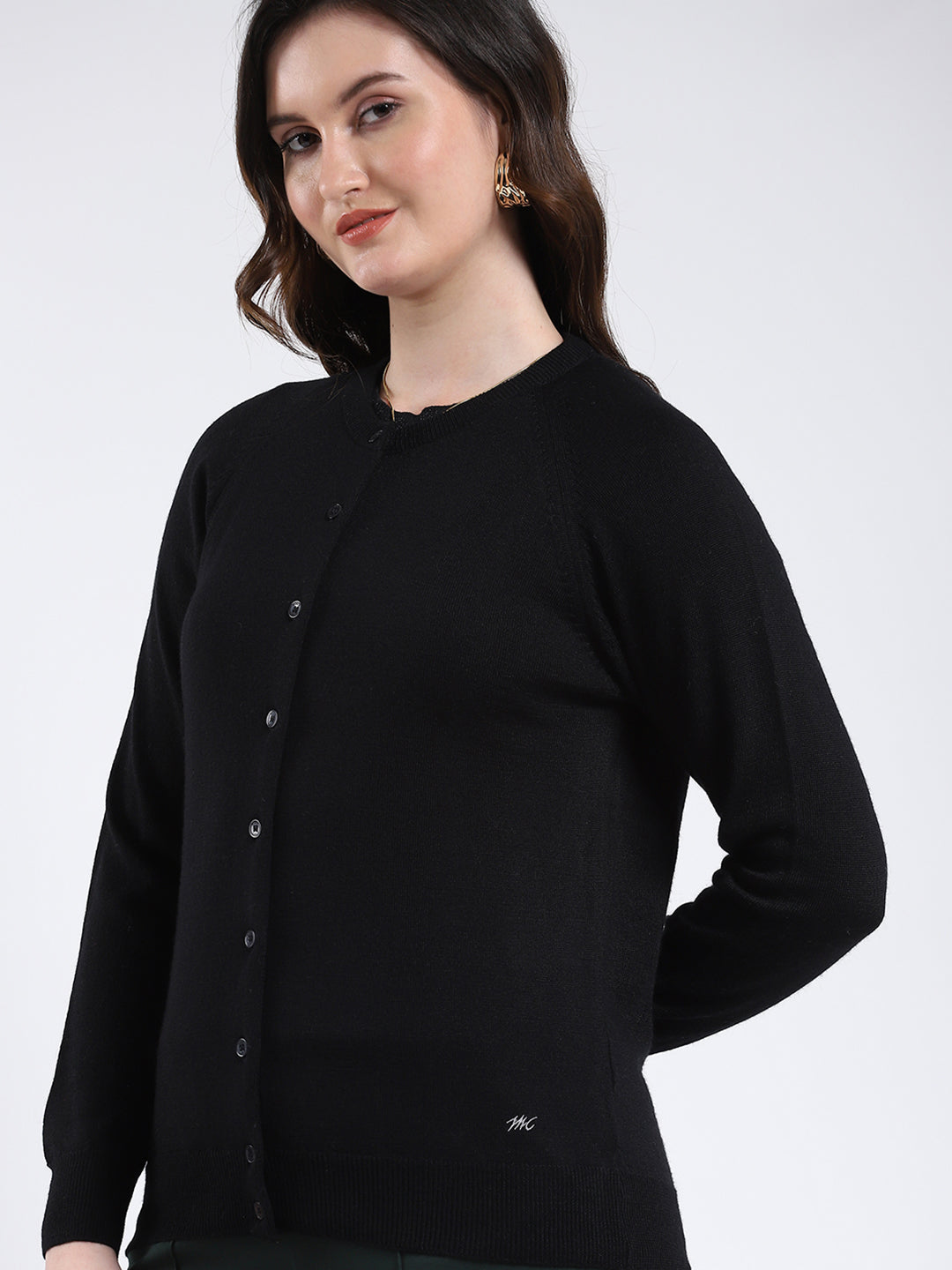 Women Black Solid Round Neck Full Sleeve Cardigan