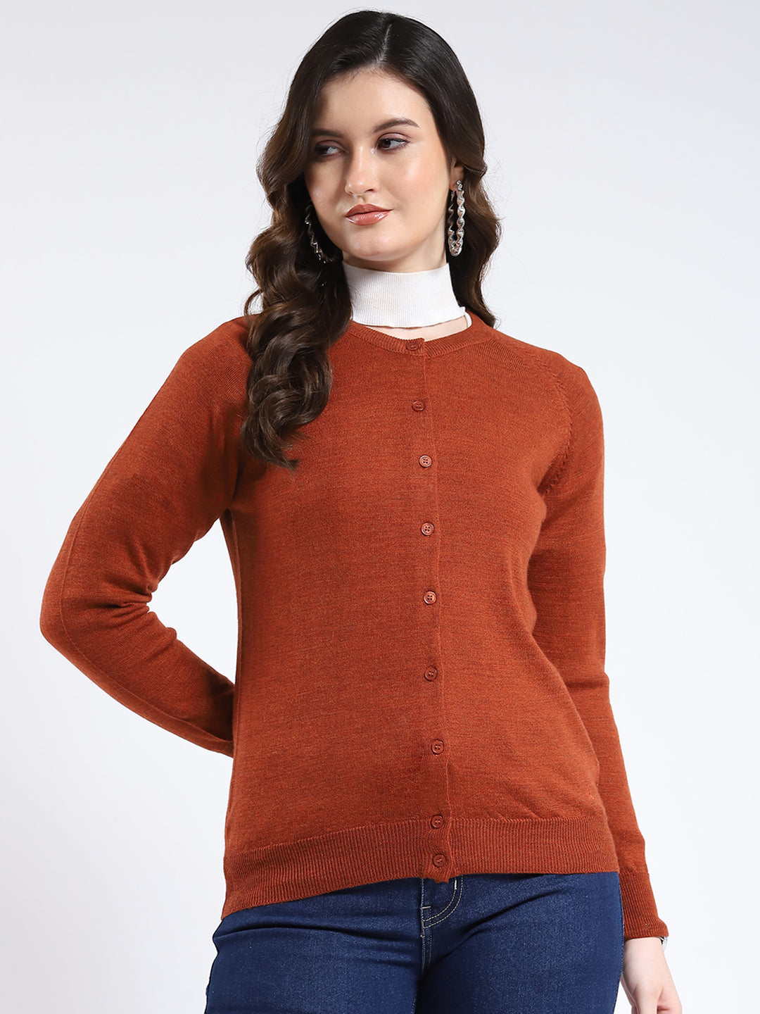 Women Rust Solid Round Neck Full Sleeve Cardigan