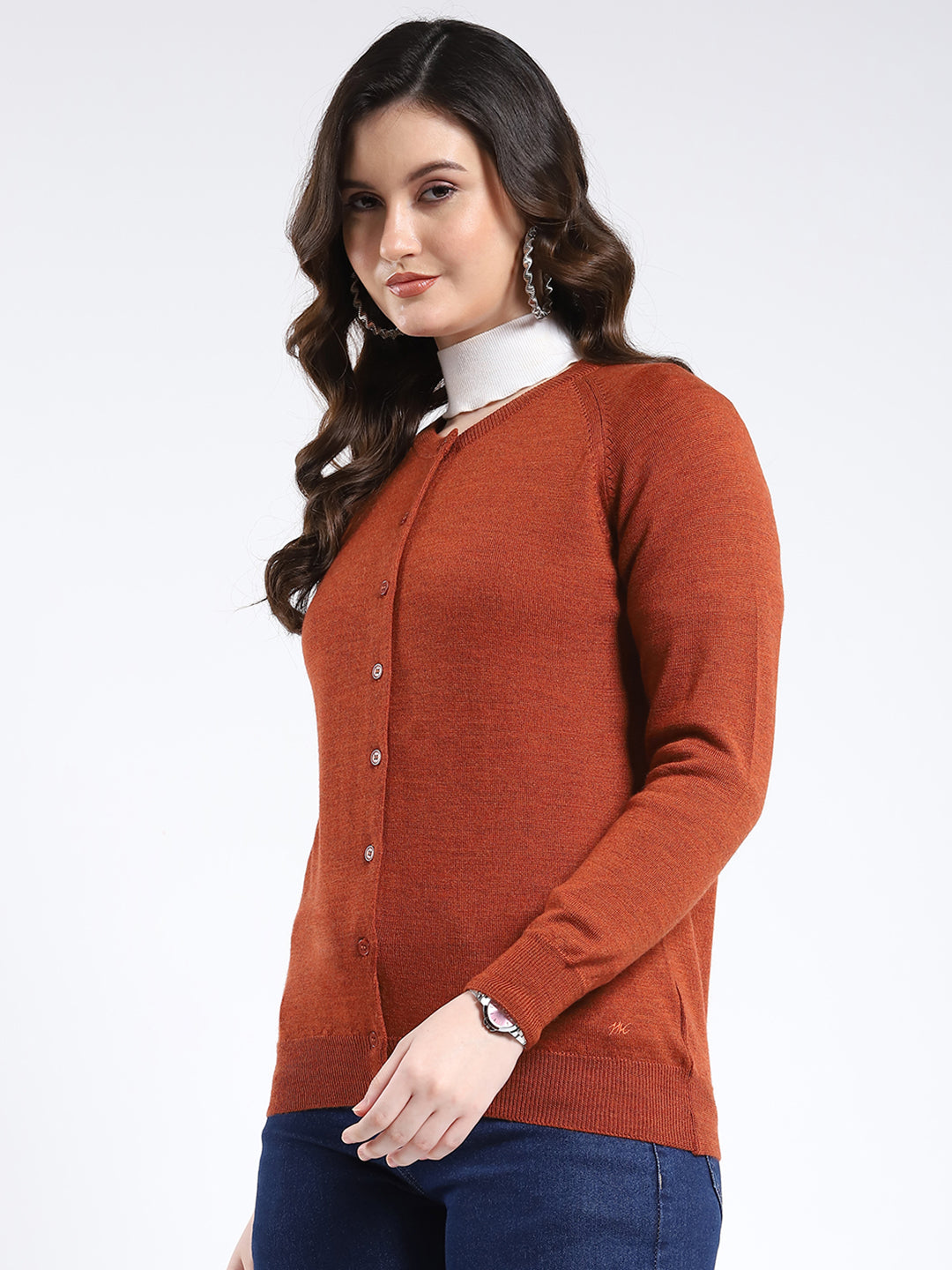 Women Rust Solid Round Neck Full Sleeve Cardigan