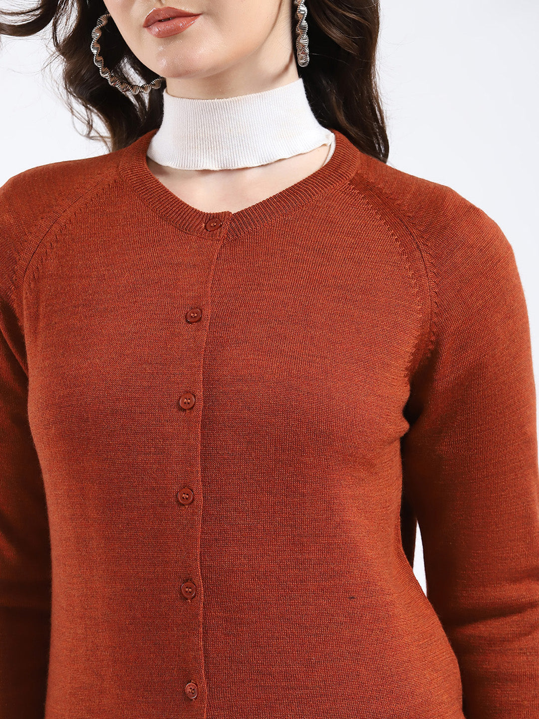 Women Rust Solid Round Neck Full Sleeve Cardigan