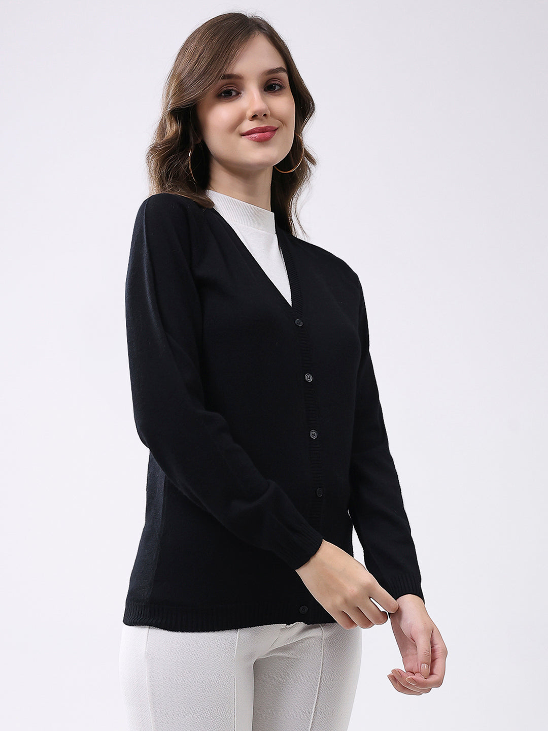 Women Black Solid V Neck Full Sleeve Cardigan