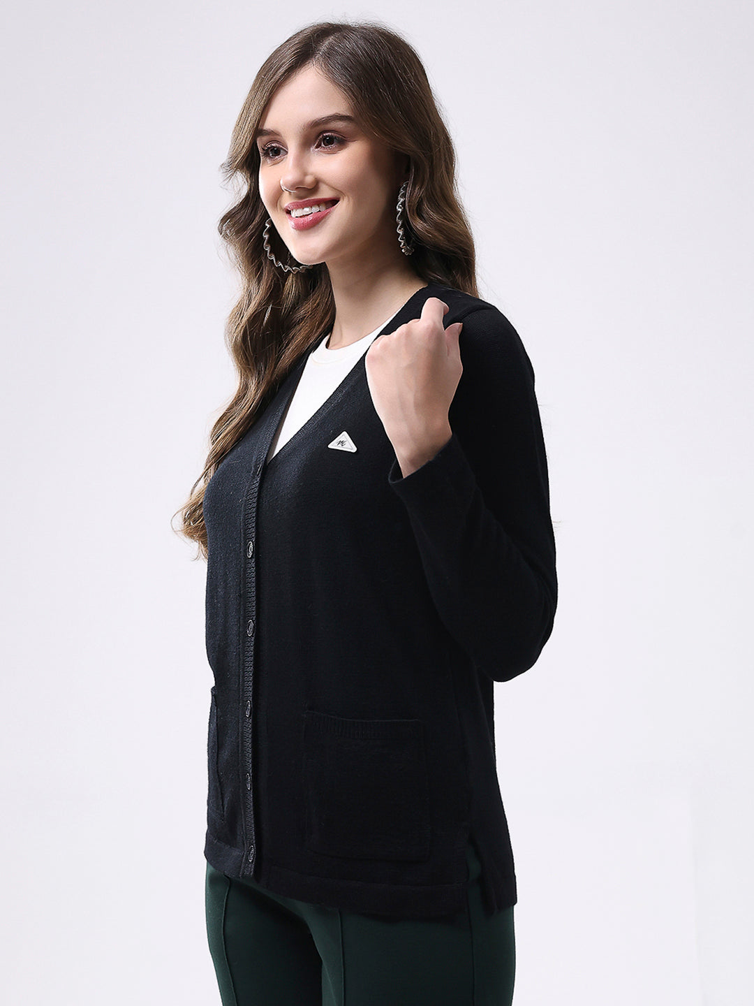 Women Black Solid V Neck Full Sleeve Cardigan