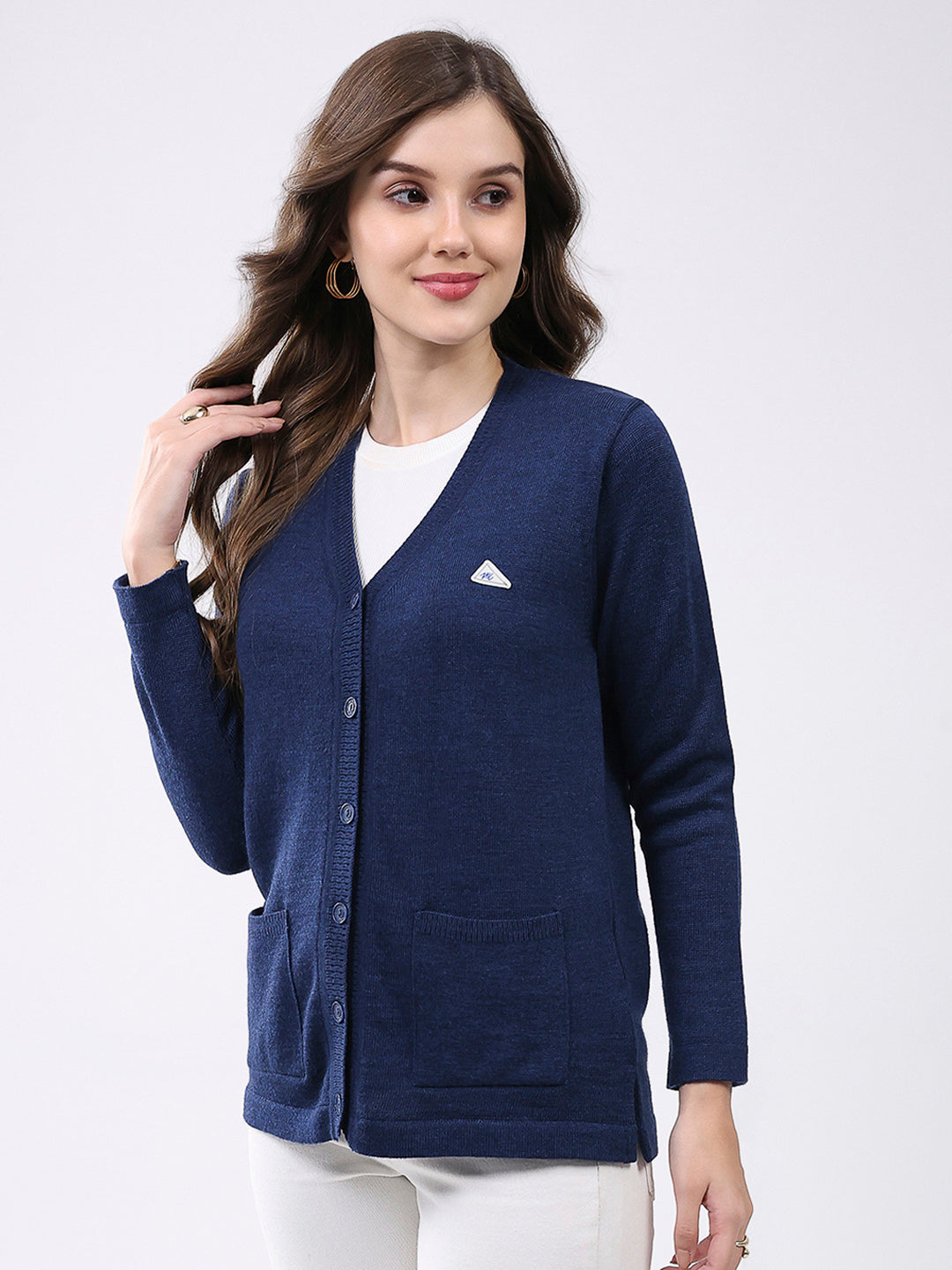 Women Navy Blue Solid V Neck Full Sleeve Cardigan