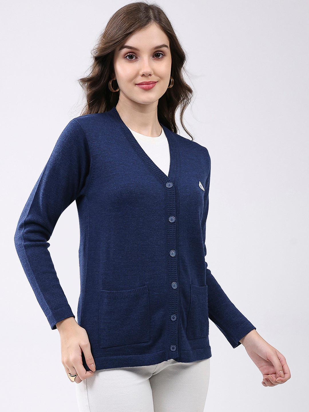 Women Navy Blue Solid V Neck Full Sleeve Cardigan