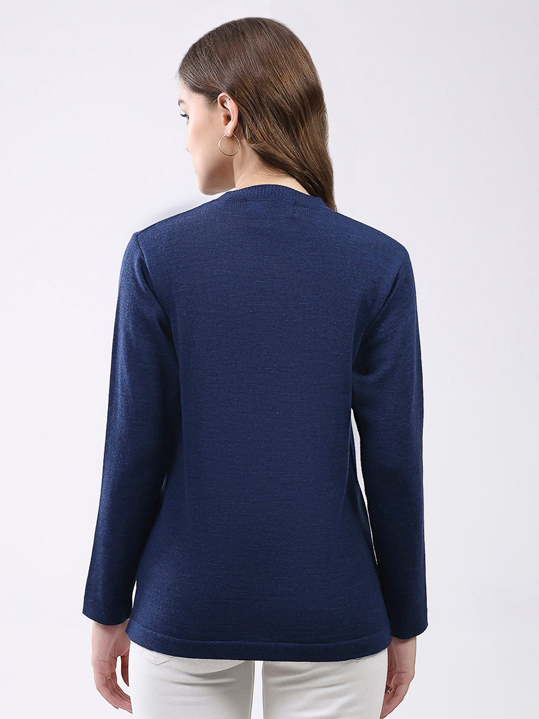 Women Navy Blue Solid V Neck Full Sleeve Cardigan