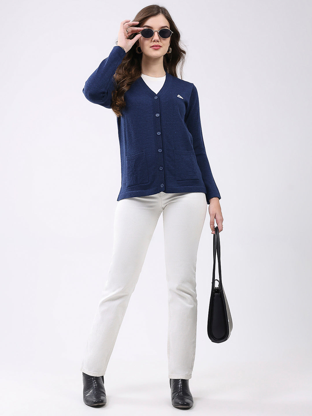 Women Navy Blue Solid V Neck Full Sleeve Cardigan