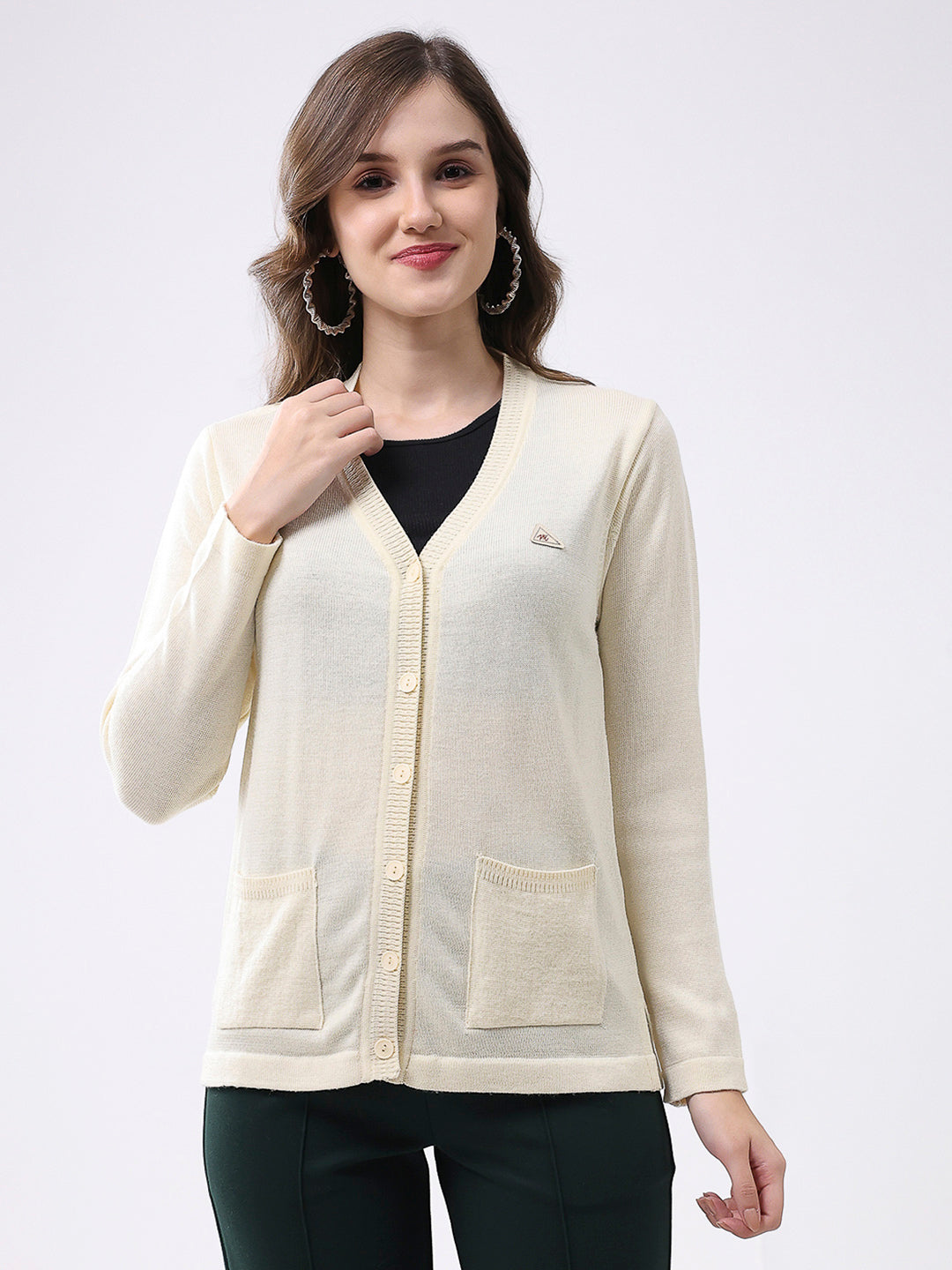 Women Off White Solid V Neck Full Sleeve Cardigan