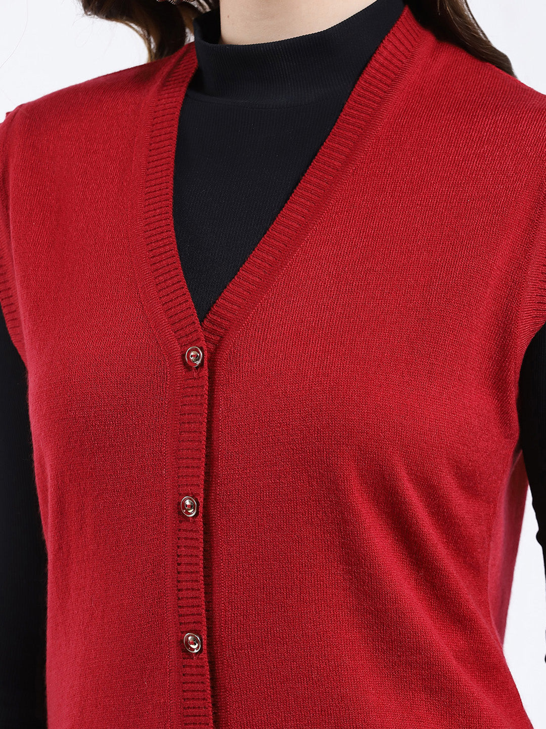 Women Red Solid V Neck Sleeveless Cardigan