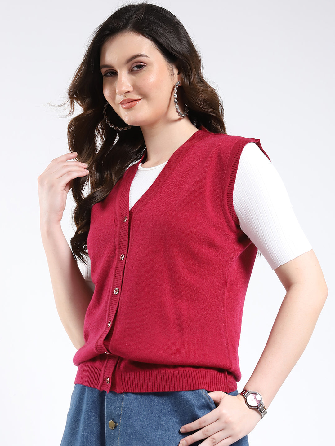 Women Red Solid V Neck Sleeveless Cardigan