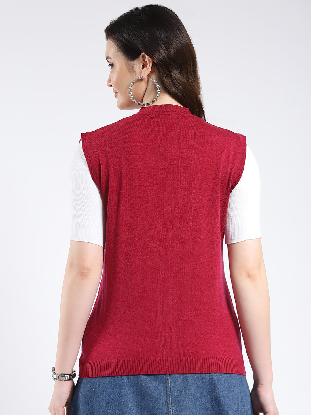 Women Red Solid V Neck Sleeveless Cardigan