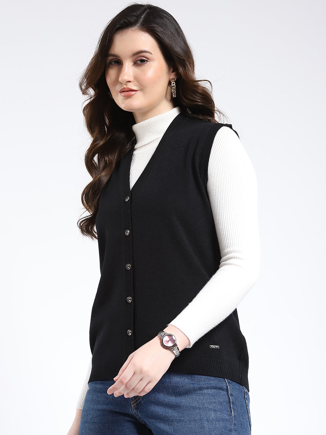 Women Black Solid V Neck Sleeveless Cardigan