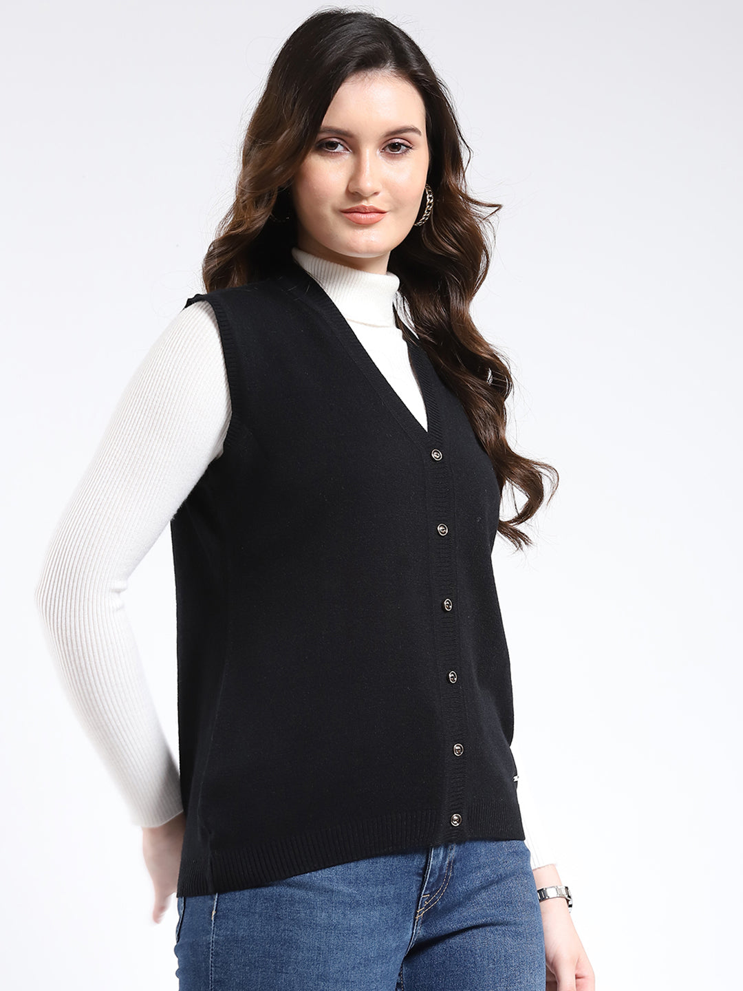 Women Black Solid V Neck Sleeveless Cardigan