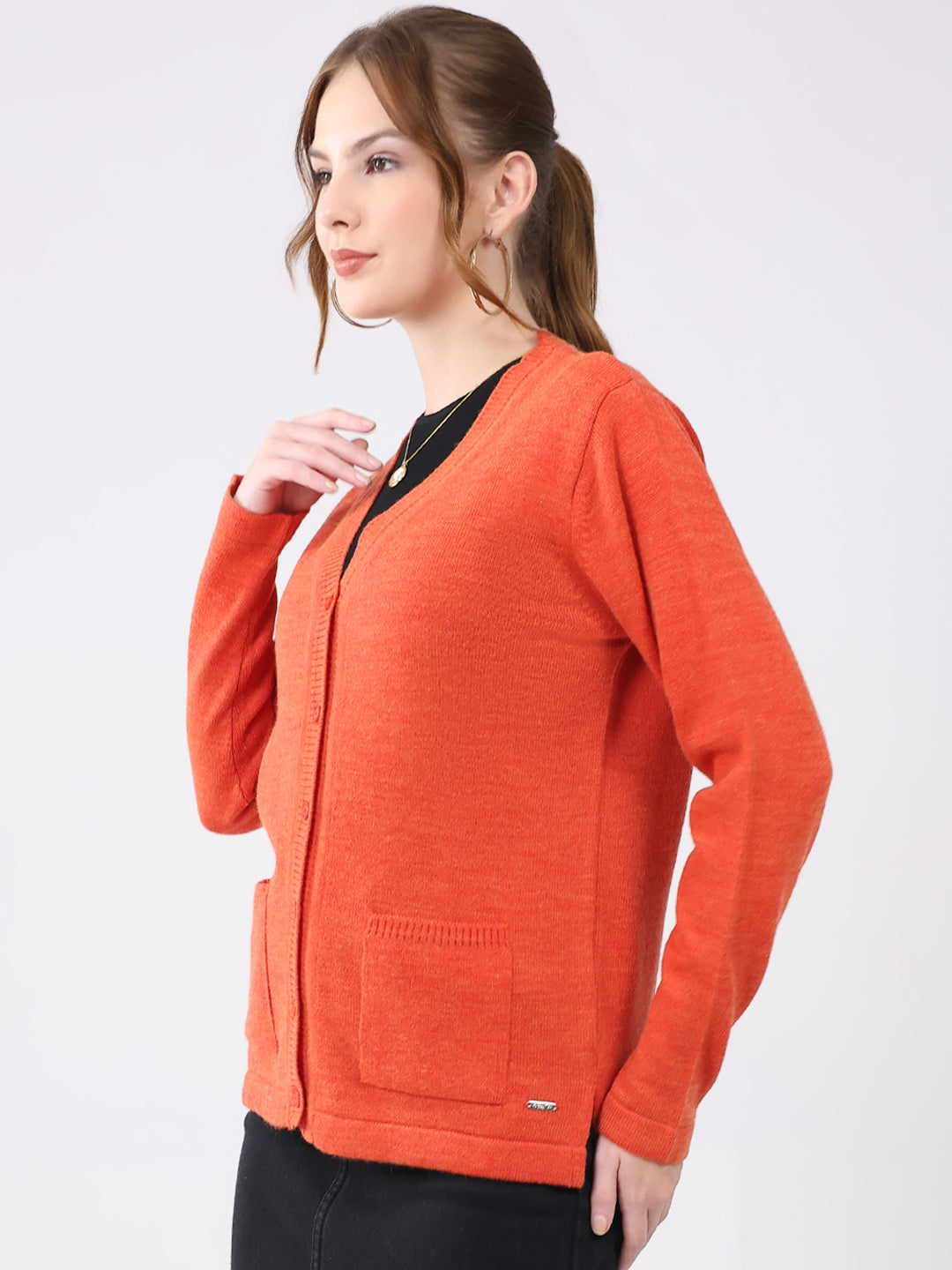 Women Orange Solid V Neck Full Sleeve Cardigan