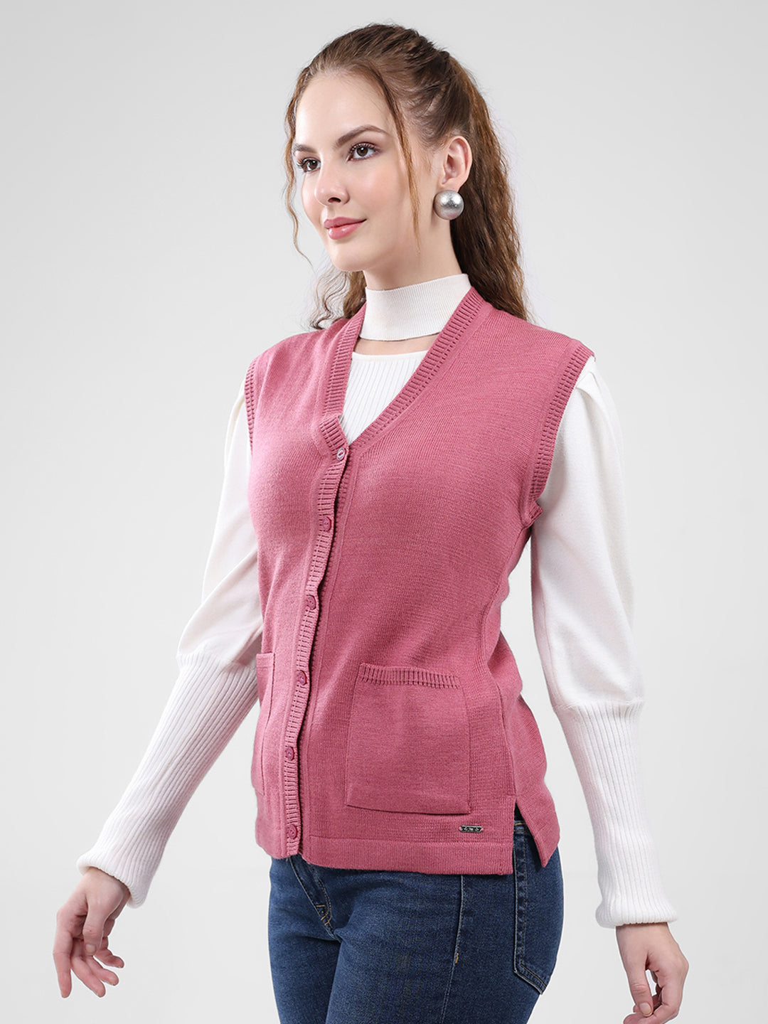 Women Pink Solid V Neck Sleeveless Cardigan