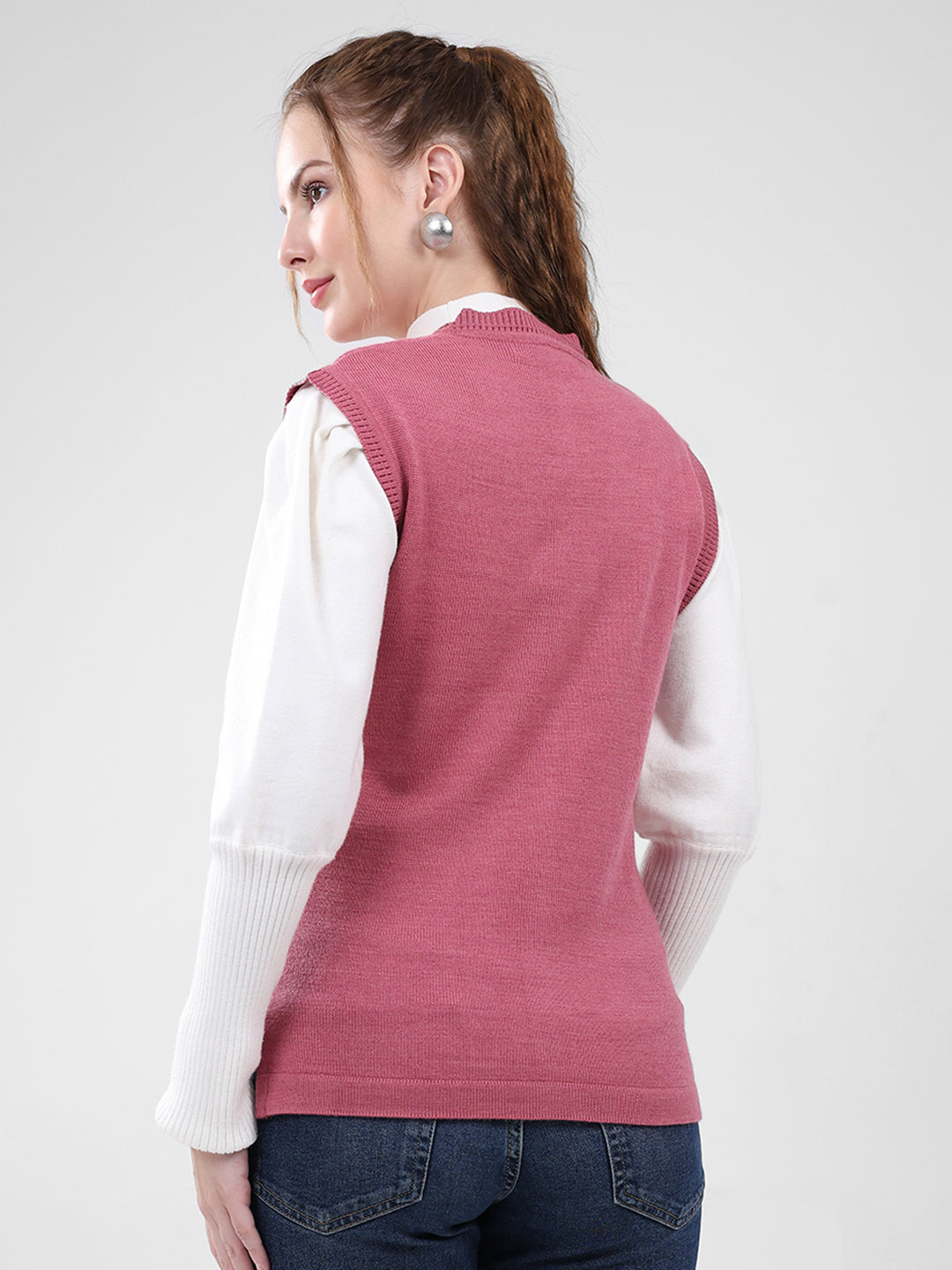 Women Pink Solid V Neck Sleeveless Cardigan