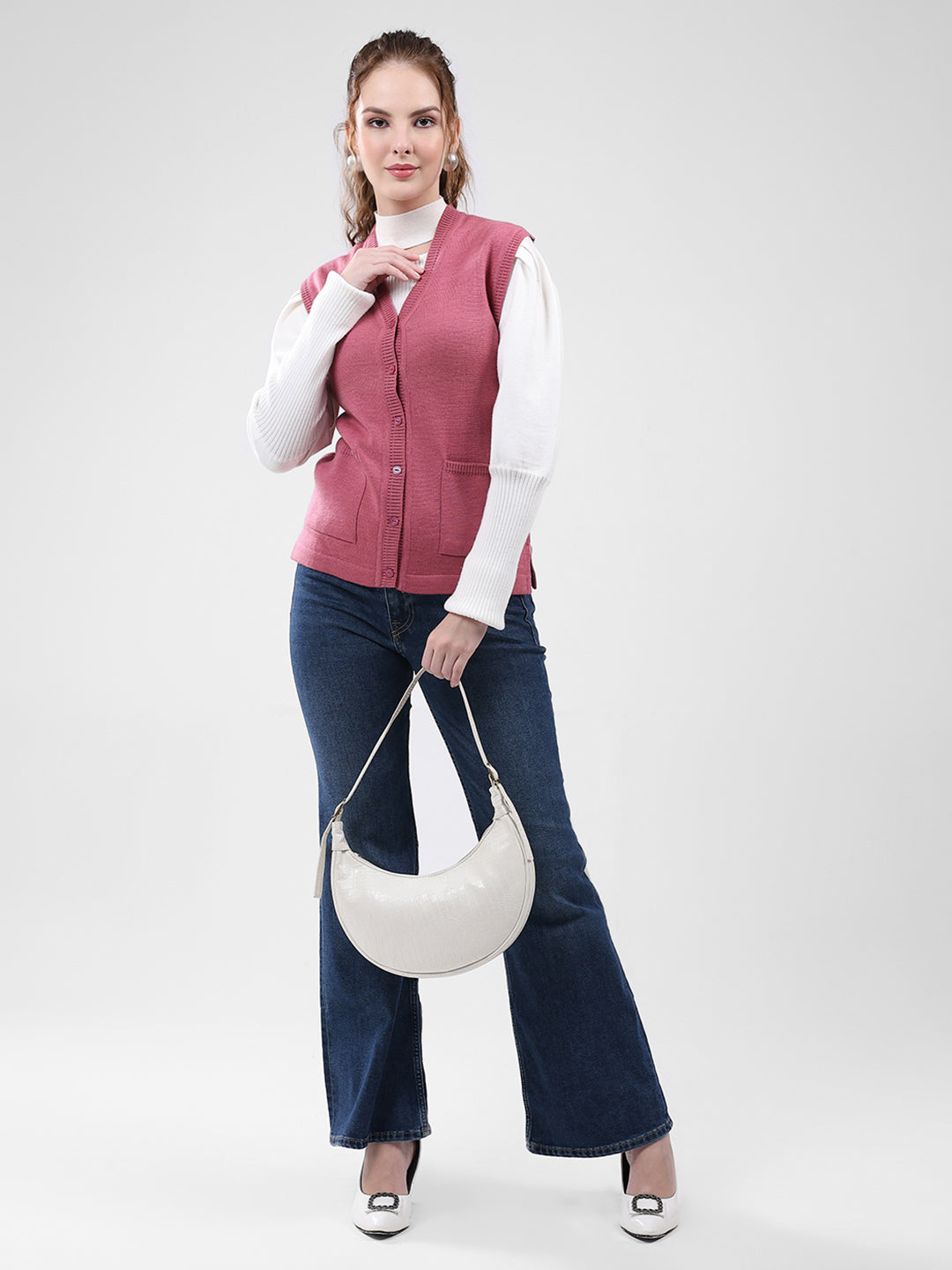 Women Pink Solid V Neck Sleeveless Cardigan