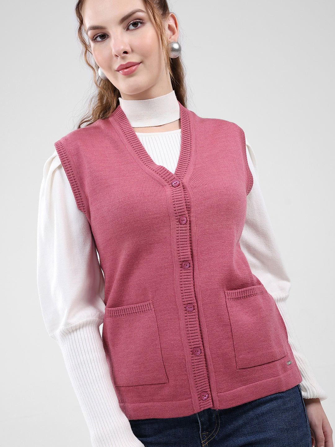 Women Pink Solid V Neck Sleeveless Cardigan