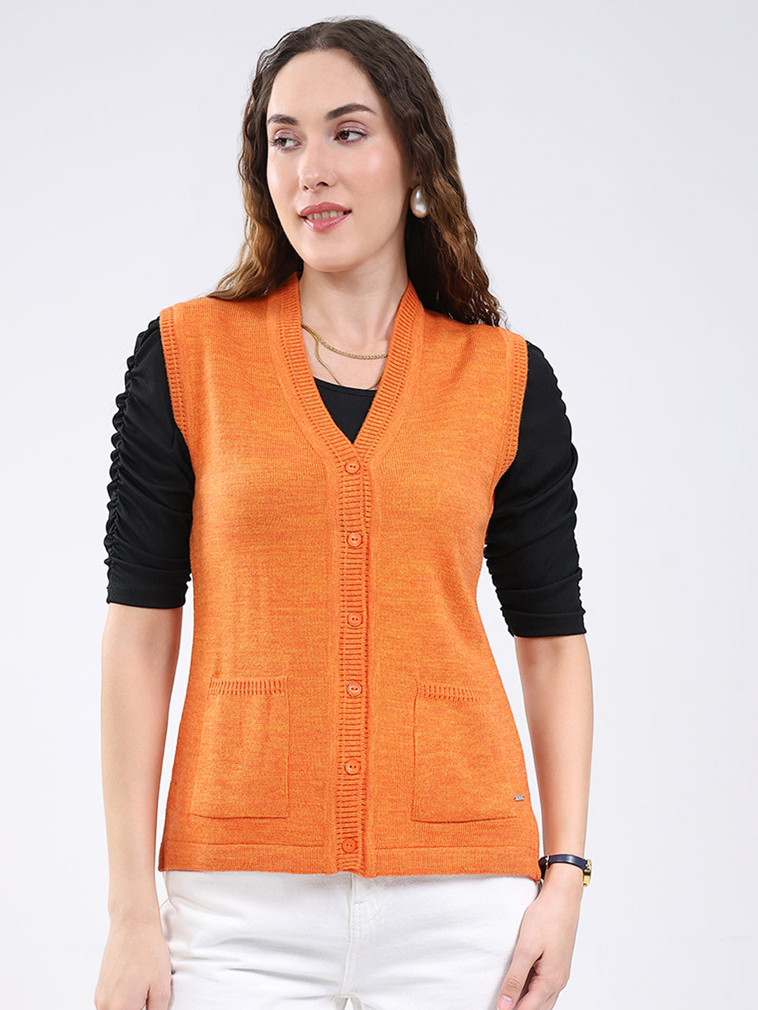 Women Orange Solid V Neck Sleeveless Cardigan