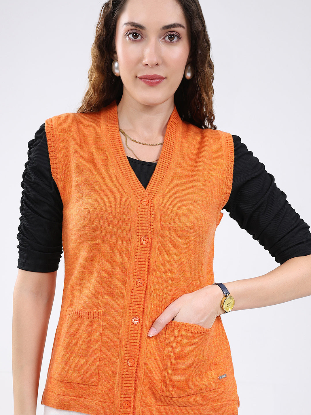 Women Orange Solid V Neck Sleeveless Cardigan