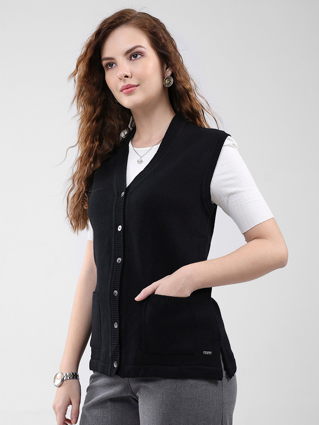 Women Black Solid V Neck Sleeveless Cardigan