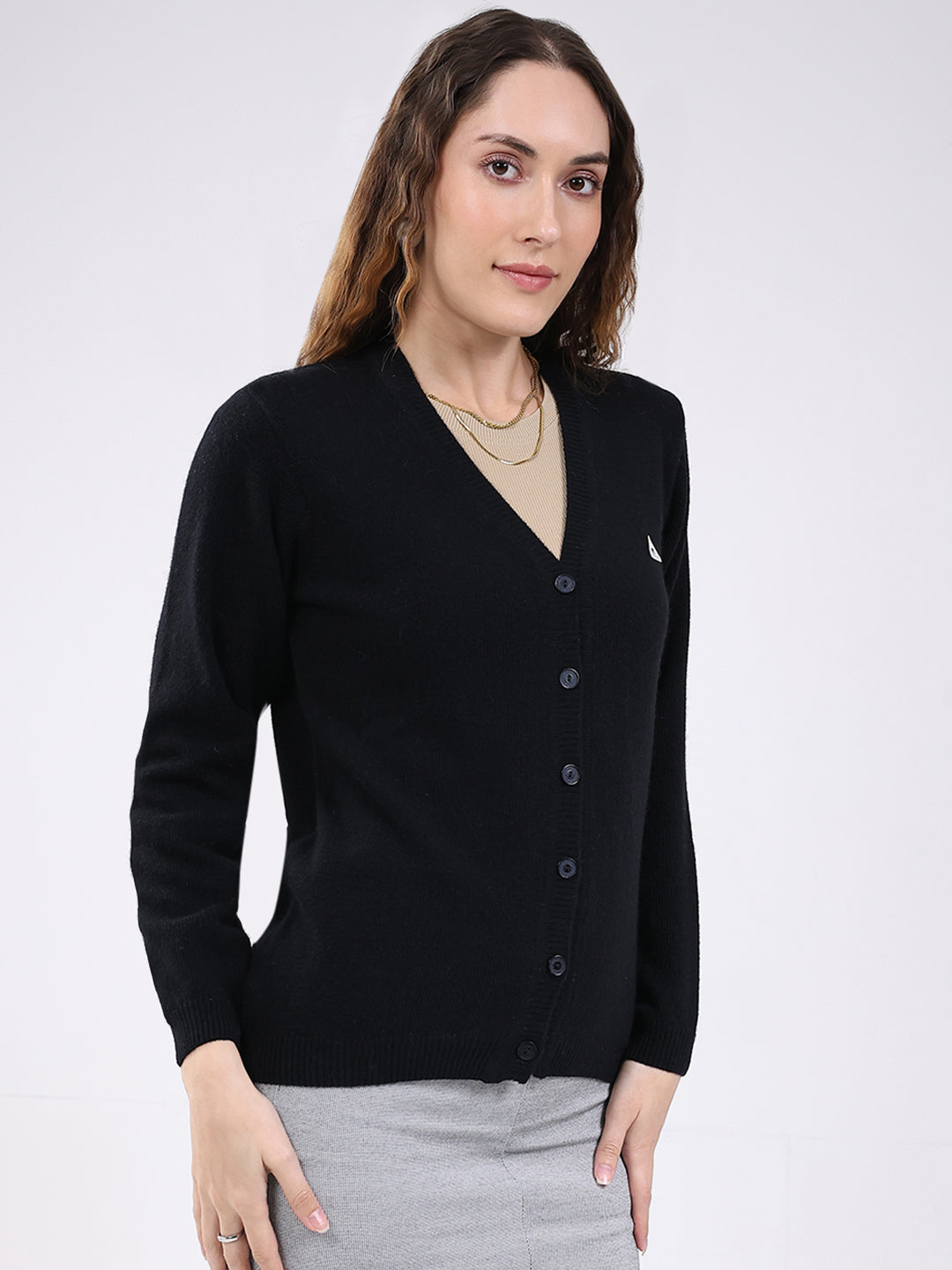 Women Black Solid V Neck Full Sleeve Cardigan