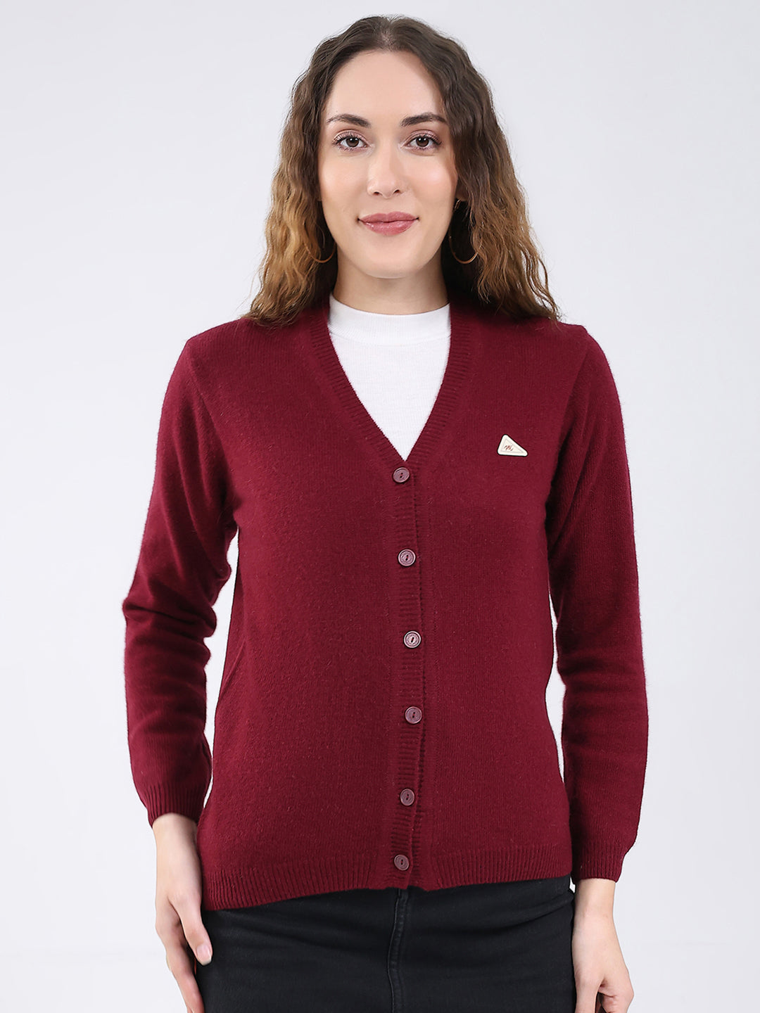 Women Maroon Solid V Neck Full Sleeve Cardigan
