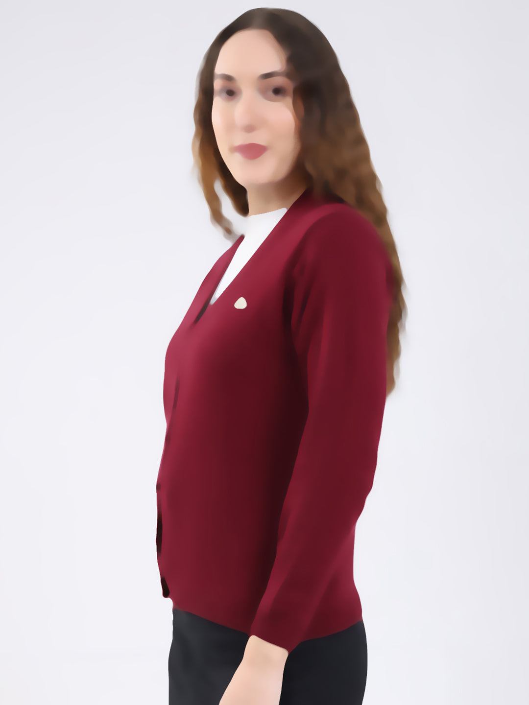 Women Maroon Solid V Neck Full Sleeve Cardigan