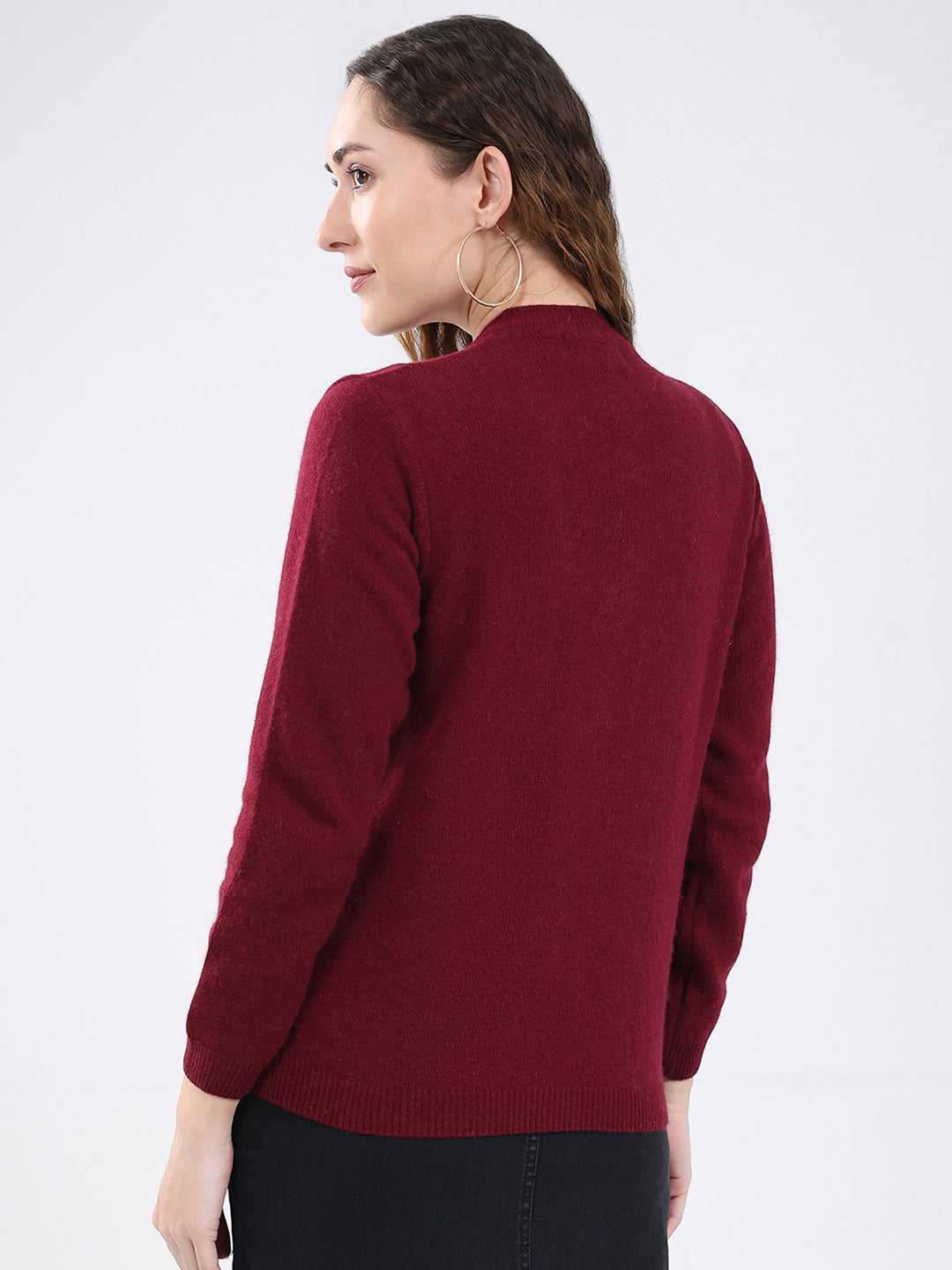 Women Maroon Solid V Neck Full Sleeve Cardigan