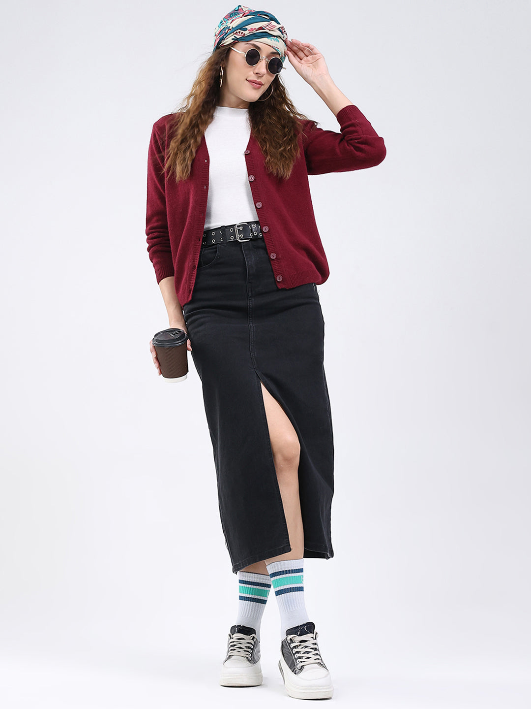 Women Maroon Solid V Neck Full Sleeve Cardigan