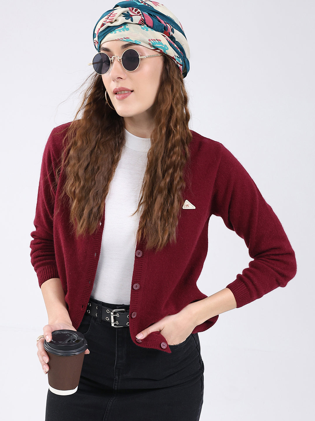Women Maroon Solid V Neck Full Sleeve Cardigan
