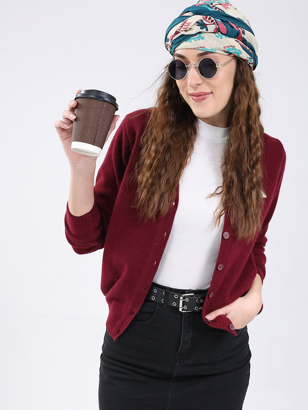 Women Maroon Solid V Neck Full Sleeve Cardigan