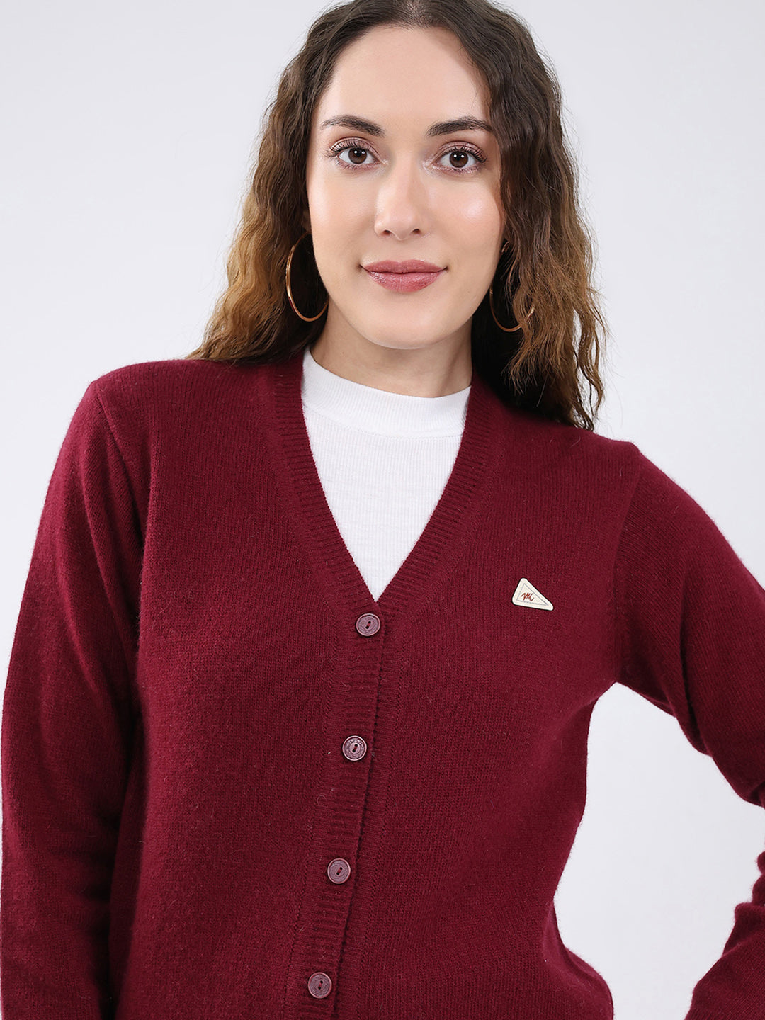 Women Maroon Solid V Neck Full Sleeve Cardigan