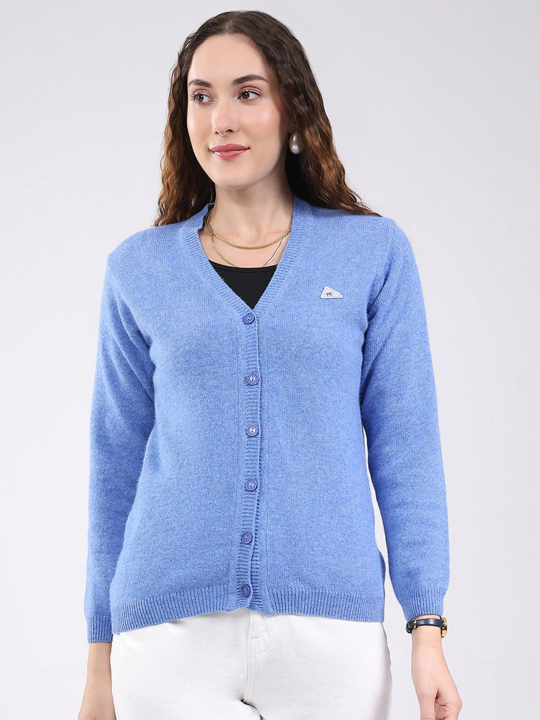 Women Light Blue Solid V Neck Full Sleeve Cardigan