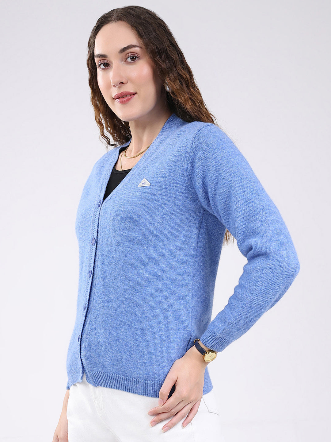 Women Light Blue Solid V Neck Full Sleeve Cardigan