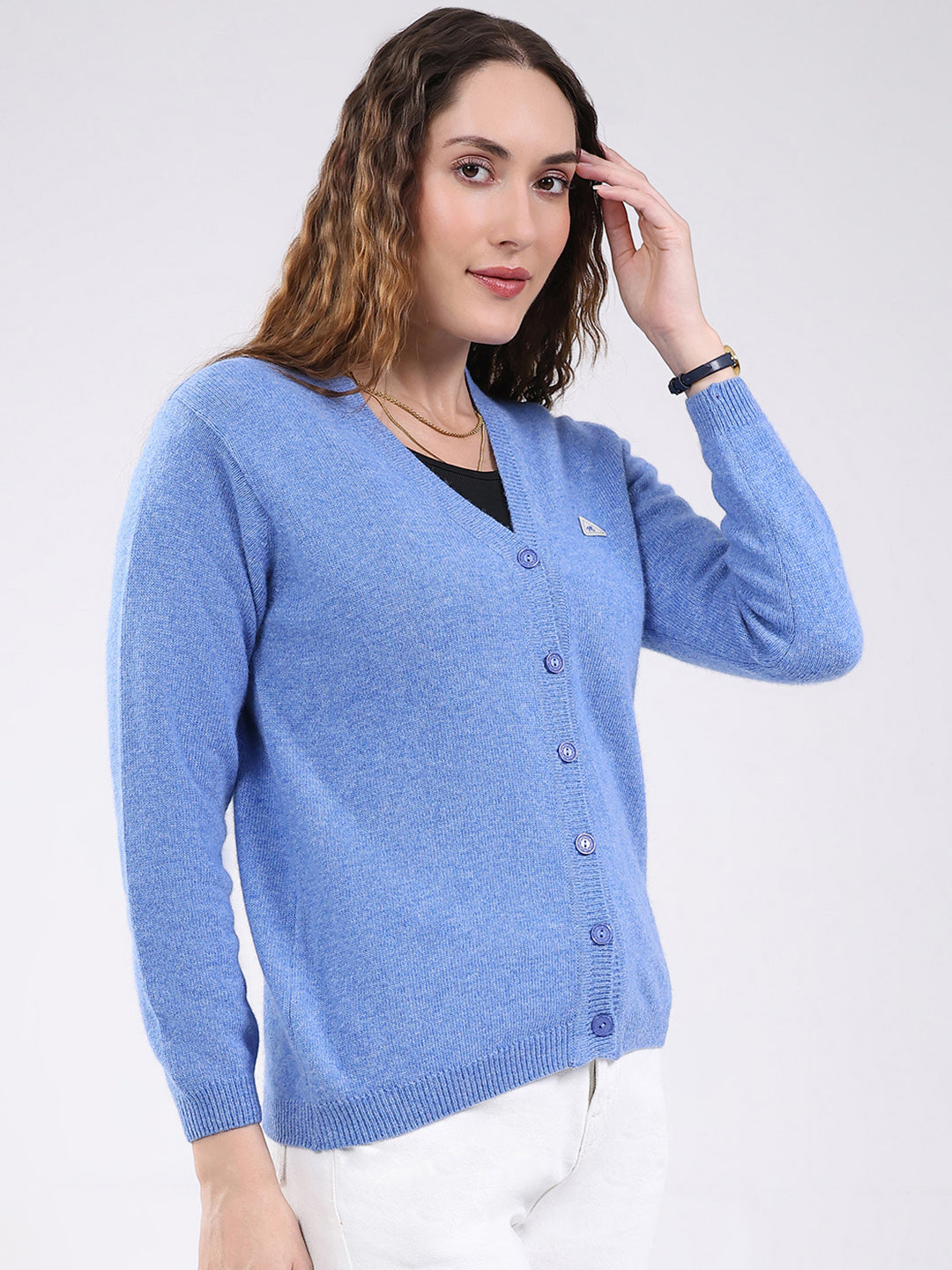 Women Light Blue Solid V Neck Full Sleeve Cardigan